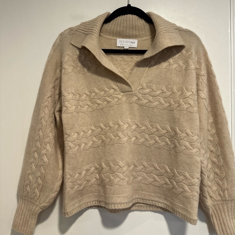 Design 365 Sz:XS Cream Cashmere Cable Knit Balloon sleeve Collared Sweater.
